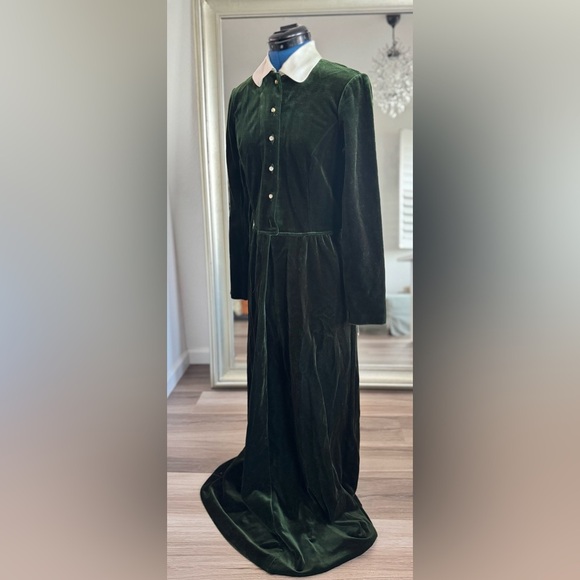 Vintage Button Down Shirt Dress Hunter Green Velour Velvet Lolita Goth - Picture 8 of 11